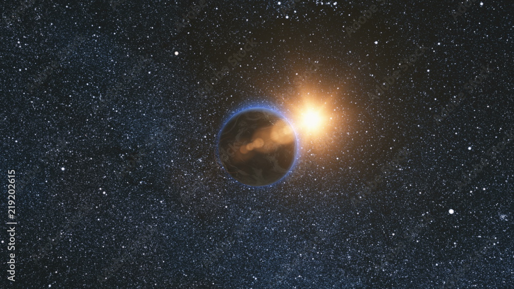 Wall mural space view on planet earth and sun star rotating on its axis in black universe. seamless loop with d