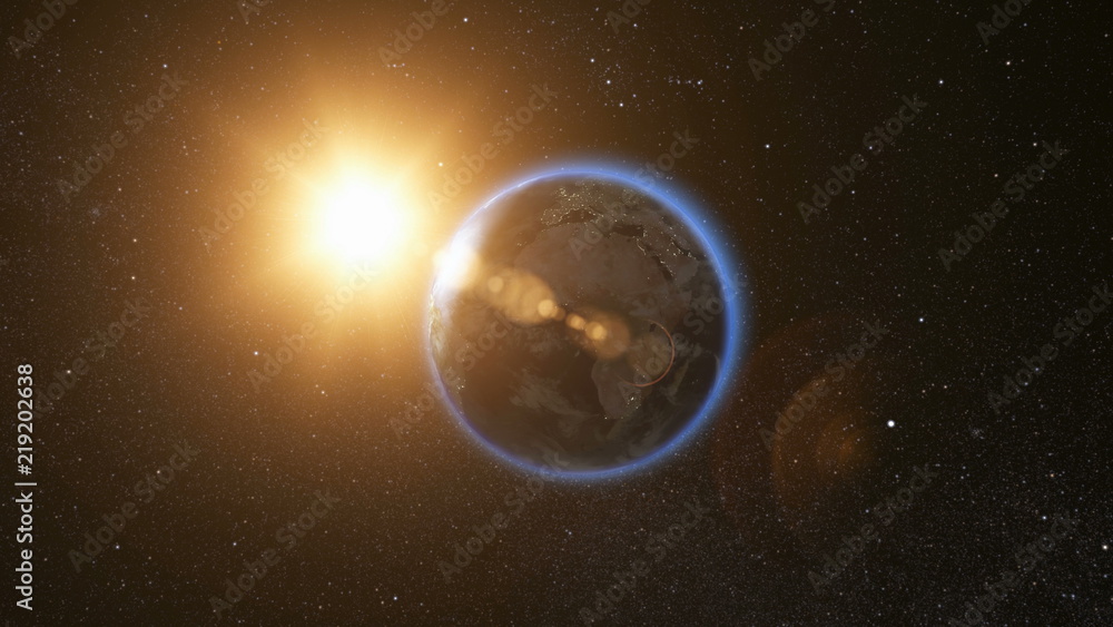 Canvas Prints space view on planet earth and sun star rotating on its axis in black universe. seamless loop with d