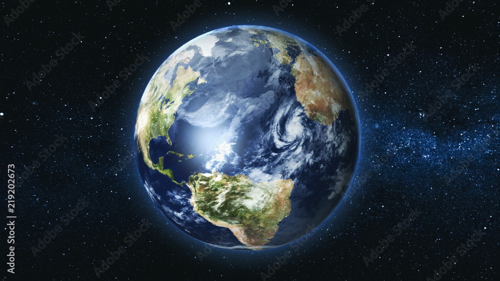 Wall mural realistic earth planet, rotating on its axis in space against the background of the milky way star s