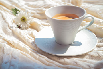 Morning white cup of hot aromatic coffee and nice white flower on the white plaid