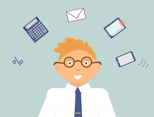 Very busy financial accountant with many thoughts about job. There are a calculator, percent, an envelope, a mobile telephone and to do list. Vector illustration