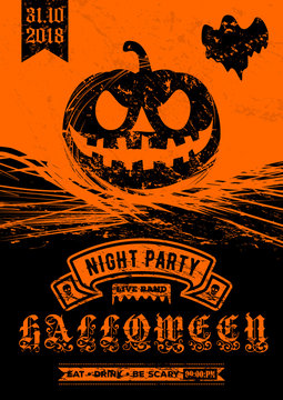 Halloween party invitation, poster or banner template with scary pumpkin. Vector illustration.