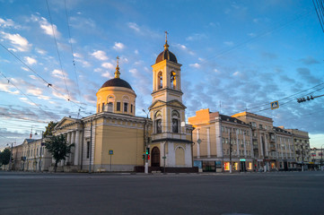 Fototapeta na wymiar Early morning in the city. The Ascension Cathedral in Tver city, Russia. Architectural heritage site of the 18th century. The main spiritual centre ot Tver region and the archbishop's residence.