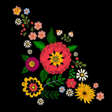 Embroidery textile pattern with ethnic flowers. Vector embroidered traditional floral design for fashion fabric.