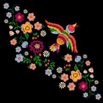 Embroidery ethnic pattern with bird and flowers. Vector embroidered traditional floral design for fashion fabric.