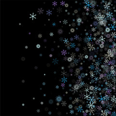 Falling down snow confetti, snowflake vector border. Festive winter, Christmas, New Year sale background. Cold weather, winter storm, scatter texture. Hipster snowfall falling snowflakes cool confetti