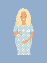 Cute pregnant woman in a blue dress in polka dots. A smiling woman holds her hands on her stomach. Vector illustration in cartoon style