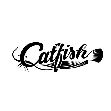 Catfish logo. Black and white lettering design. Decorative inscription. cat fish vector illustration.
