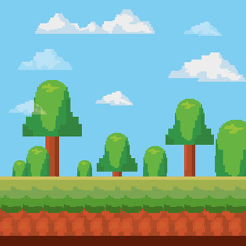 Pixelated Trees And Landscape, Videogame Concept, Colorful Design. Vector Illustration