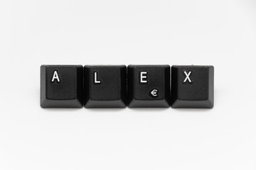 Black keys of keyboard with different years, words, names