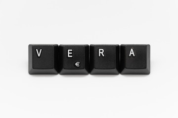 Black keys of keyboard with different years, words, names