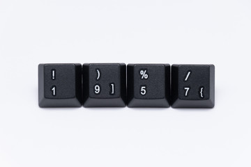Black keys of keyboard with different years, words, names