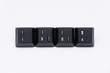 Black keys of keyboard with different years, words, names