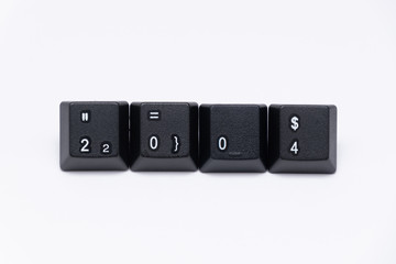Black keys of keyboard with different years, words, names