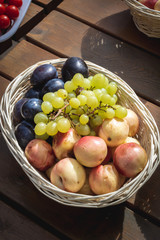 Closeup of basket with grapes, peaches and plumps on a wooden table, outdoor party or picnic, top view
