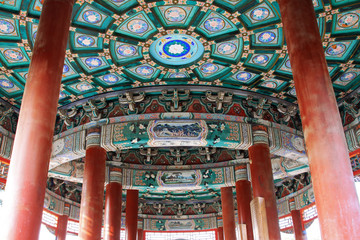 column and ceiling paint in the Wan Shou Pavilion, in the temple of heaven park, Beijing, China.