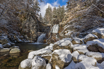 Winter Landscape of Popina Laka waterfall near town of Sandanski, Pirin Mountain, Bulgaria
