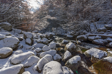 Winter Landscape of Popina Laka waterfall near town of Sandanski, Pirin Mountain, Bulgaria
