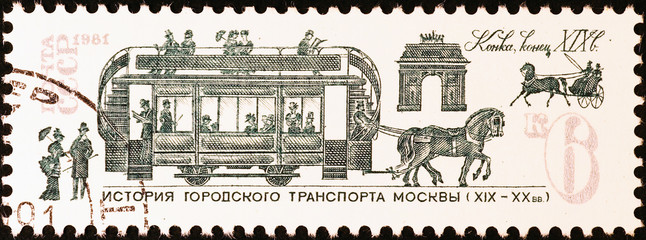 Horse drawn trolley on old russian stamp