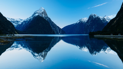 Early sunrise of Mitre Peak in Milford Sound, New Zealand