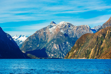 Snow capped mountains in Milford Sound, Fiordland, New Zealand