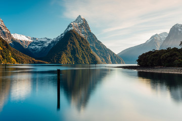 Early sunrise of Mitre Peak in Milford Sound, New Zealand