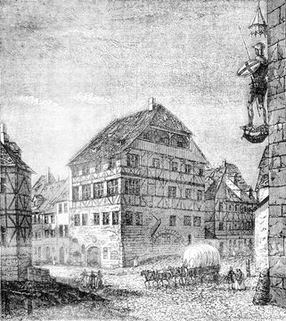 Albrecht Durer House, in Nuremberg, vintage engraving.