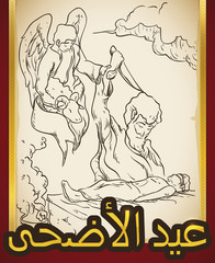 Scroll with Mythic Origin of Muslim Eid al-Adha, Vector Illustration