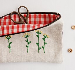 Handmade embroidery zipper pouch with red checked lining