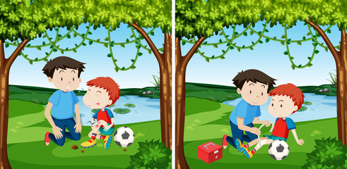 Man helping hurt boy