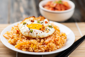 Kimchi fried rice with fried egg on top, Korean food