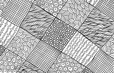 Psychedelic surreal fantastic abstract doodle pattern with squares. Coloring page for adults. Vector illustration