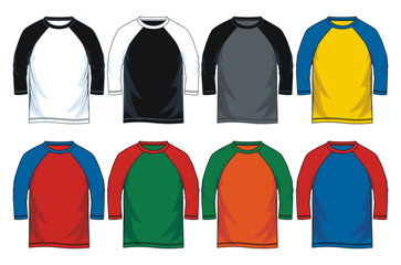 Colorful blank three quarter raglan shirts icon set