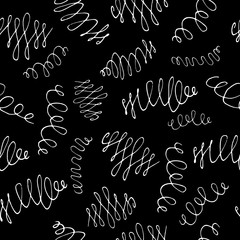 Abstract hand drawn seamless pattern with doodle calligraphic stripes. Simple blackboard background. Vector illustration