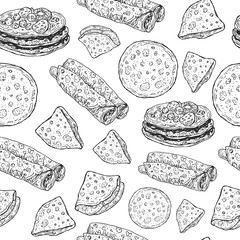 Pancakes - monochrome graphic sketch seamless pattern. Doodle cartoon ornament for shrovetide holiday. Vector illustration