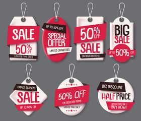 Sale tags paper cut template vector set. Price tags label with sale and discount text in different shapes for end of season store promotion. Vector illustration.

