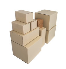 Cardboard Boxes in different sizes stacked boxes isolated on white backgrouns