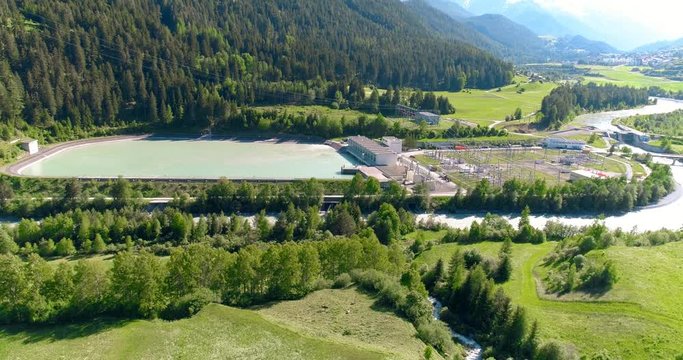 Aerial view of Hydropower Plant and Hydroelectric Station in Swiss Alps 4K