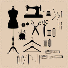 Retro sewing kit icon set. Black vintage sewing kit icons. Mannequin, sewing machine, scissors vintage icons.