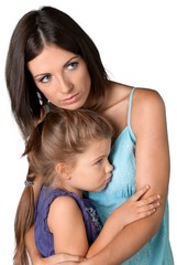 Portrait of Worried / Scared Mother and Young Daughter