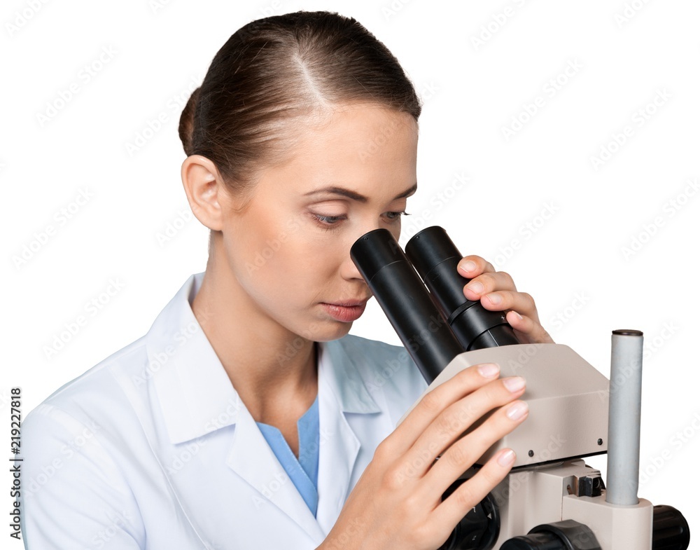 Poster scientist working with microscope isolated on white background