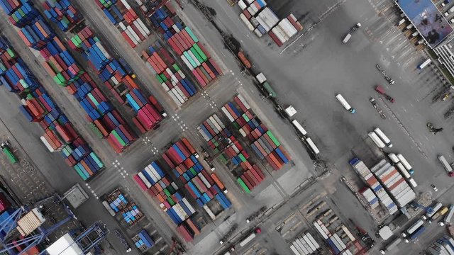 Bird's-eye view from drone of sea freight, Business International trade and Cargo containers on export-import harbor to the International port / Cargo ship - Cargo to harbor