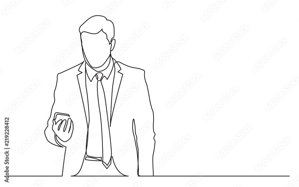 Poster continuous line drawing of standing businessman checking mobile phone