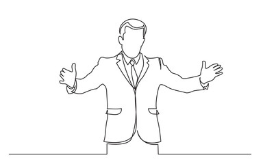 continuous line drawing of standing businessman showing with his hands