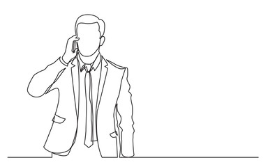 continuous line drawing of standing businessman speaking on his phone