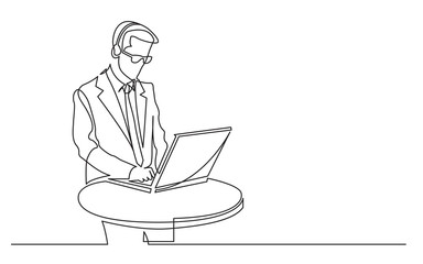 continuous line drawing of standing call center worker with laptop computer