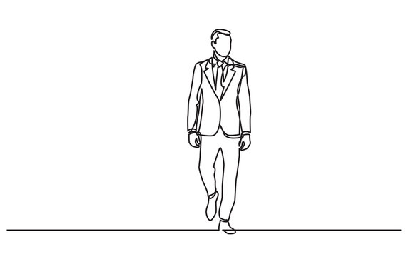 Continuous Line Drawing Of Walking Businessman In Suit