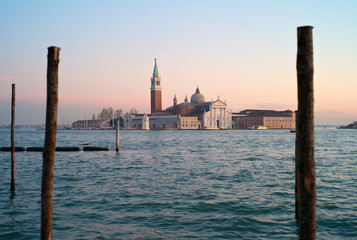 Venice - Romantic View of the Island of San Giorgio Maggiore with its Campanile Tower in Pink and Pale Blue Evening Light