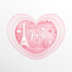 Paris, France landmark with white frame in heart shape, sweet pastel color for honeymoon trip advertising design vector illustration.