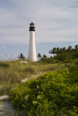 Black and White Cape Florida Lighthouse on Key Biscayne Florida with Green Landscape with Palm Trees  and Cloudy Sky